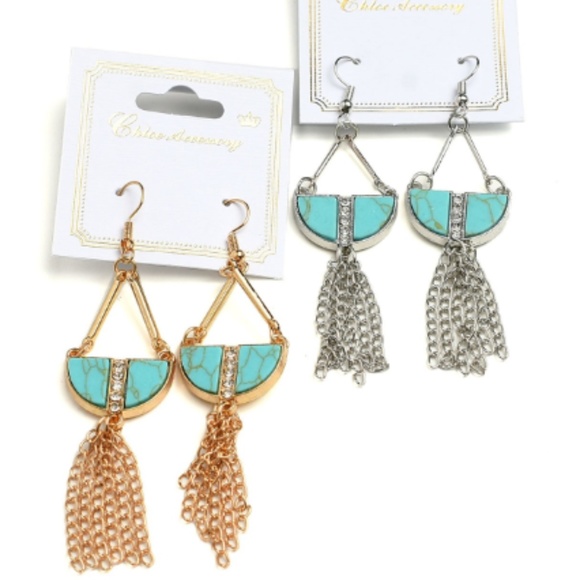 NWT Boho Festival Hippie Turquoise Tassel Earrings - Picture 2 of 2